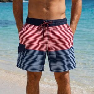George Mens L 36-38 Red White Blue Striped Swim Trunks USA Flag Shorts